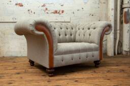 Handmade Large 1.5 Seater Wheat Herringbone Wool & Vintage Tan Leather Chesterfield Snuggle Armchair - thumbnail 1
