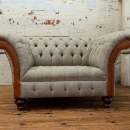 Handmade Large 1.5 Seater Wheat Herringbone Wool & Vintage Tan Leather Chesterfield Snuggle Armchair - thumbnail 3