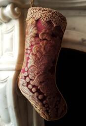 Luxury Christmas Stocking Amethyst & Gold Silk Brocatelle Rubelli Fabric Tebaldo Pattern - Made in Italy - thumbnail 1