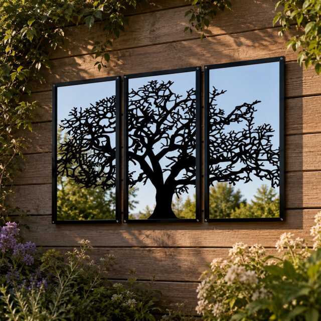 Three Panel Tree Garden Mirror, Outdoor Acrylic Mirror Wall Art, Decor, Fence Decoration - image 1