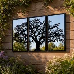 Three Panel Tree Garden Mirror, Outdoor Acrylic Mirror Wall Art, Decor, Fence Decoration - thumbnail 1