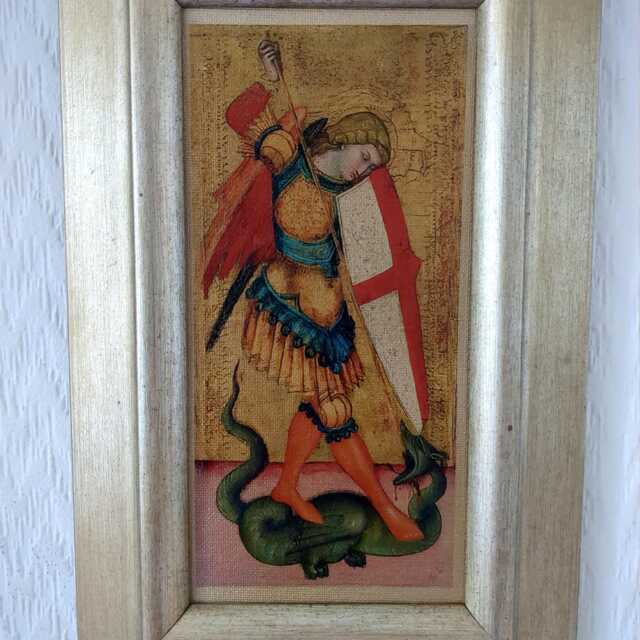 "Archangel Michael Slaying Dragon - 14Th Century Medieval Framed Reproduction On Canvas 8""x12" - image 1