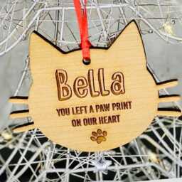 Personalised Cherry Wood Cat Memorial Christmas Bauble Tree Decoration Gift, in Loving Memory Cat Decoration - thumbnail 3