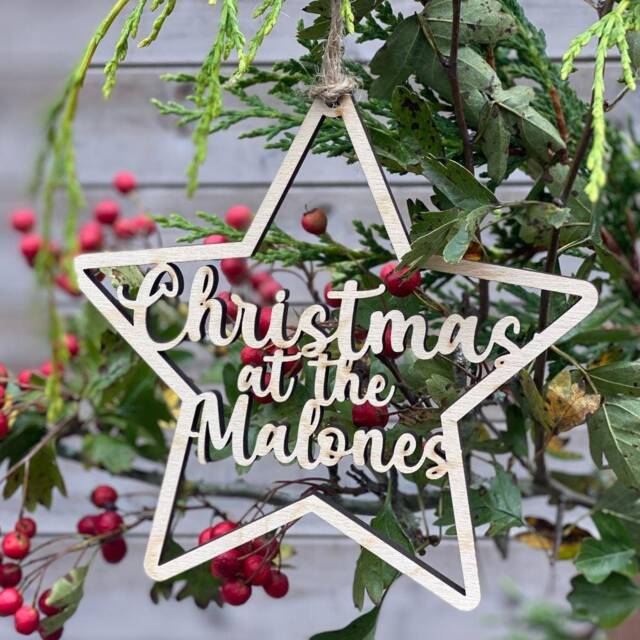 Personalised Wooden Star Christmas Tree Decoration, Family Name Bauble, Keepsake Bauble Gift, Festive Decoration - image 1