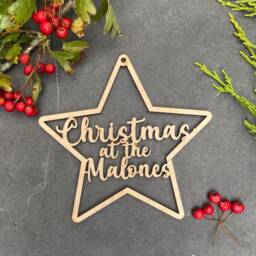 Personalised Wooden Star Christmas Tree Decoration, Family Name Bauble, Keepsake Bauble Gift, Festive Decoration - thumbnail 2