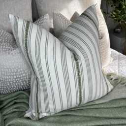 Embroidered Striped Cotton Cushion Cover, Olive Green, 22 - thumbnail 1