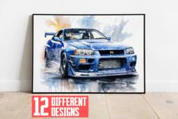 Nissan Skyline R34 Watercolor Car Print Jdm Sports Art, Framed Or Unframed - thumbnail 1