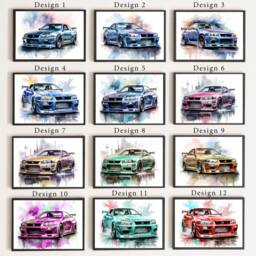 Nissan Skyline R34 Watercolor Car Print Jdm Sports Art, Framed Or Unframed - thumbnail 2