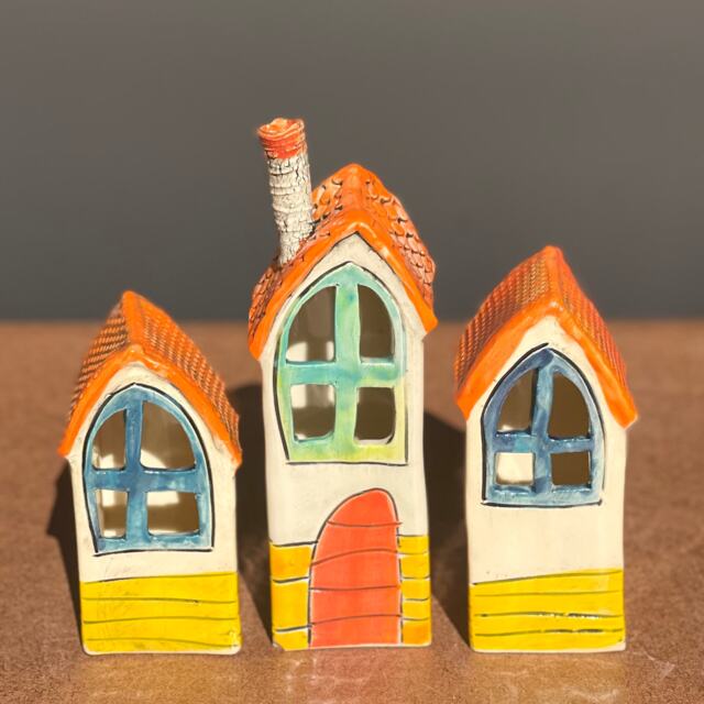 Handmade Ceramic House Lanterns Pottery Village Home Decor - image 1