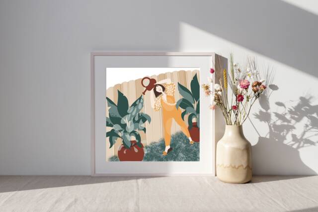 Plant Lover Art Print Whimsical Earthling Watering Plants - image 1