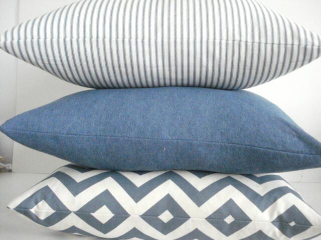 Designer Pillow Covers- Both Sides- Denim Blue - Blue/Ivory Ticking- Chevron , Throw & Lumbar Pillow Covers - image 1