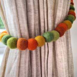 Fall Autumn Rainbow Curtain Felt Ball Pom Tie Backs - thumbnail 3
