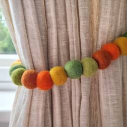 Fall Autumn Rainbow Curtain Felt Ball Pom Tie Backs - thumbnail 1