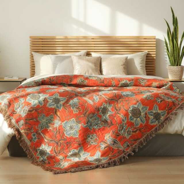 Reversible Floral Cotton Gauze Throw Blanket Botanical Bird Tassel Sofa Bedspread - image 1