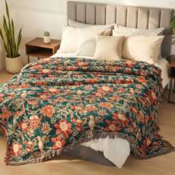 Reversible Floral Cotton Gauze Throw Blanket Botanical Bird Tassel Sofa Bedspread - thumbnail 2