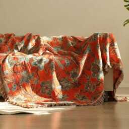 Reversible Floral Cotton Gauze Throw Blanket Botanical Bird Tassel Sofa Bedspread - thumbnail 3