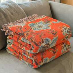 Reversible Floral Cotton Gauze Throw Blanket Botanical Bird Tassel Sofa Bedspread - thumbnail 4
