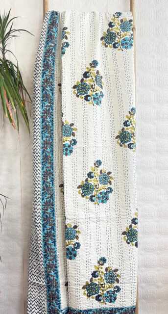 Kantha Stitch Pure Cotton Reversible Bed/Sofa Throw King Size - Handmade Handprinted Floral Dohar White Blue Flower - image 1