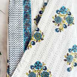 Kantha Stitch Pure Cotton Reversible Bed/Sofa Throw King Size - Handmade Handprinted Floral Dohar White Blue Flower - thumbnail 2