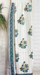 Kantha Stitch Pure Cotton Reversible Bed/Sofa Throw King Size - Handmade Handprinted Floral Dohar White Blue Flower - thumbnail 1