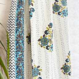 Kantha Stitch Pure Cotton Reversible Bed/Sofa Throw King Size - Handmade Handprinted Floral Dohar White Blue Flower - thumbnail 3
