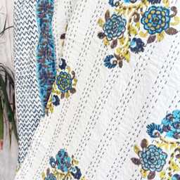Kantha Stitch Pure Cotton Reversible Bed/Sofa Throw King Size - Handmade Handprinted Floral Dohar White Blue Flower - thumbnail 4