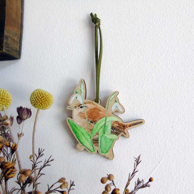 Wren & Snowdrops Hanging Wooden Decoration - British Bird Decoration- Christmas Tree Decoration Bird Christmas Ornament - image 1
