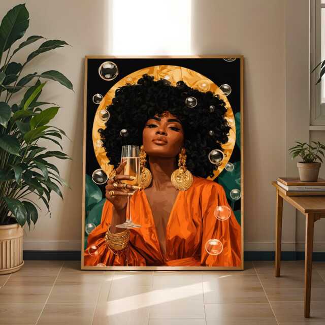 Afrocentric Art Print Elegant Woman With Champagne, Black Gold Orange Boho Decor - Poster Only - image 1