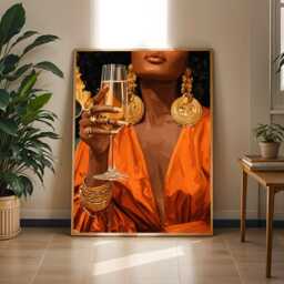 Afrocentric Art Print Elegant Woman With Champagne, Black Gold Orange Boho Decor - Poster Only - thumbnail 3
