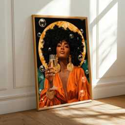 Afrocentric Art Print Elegant Woman With Champagne, Black Gold Orange Boho Decor - Poster Only - thumbnail 2