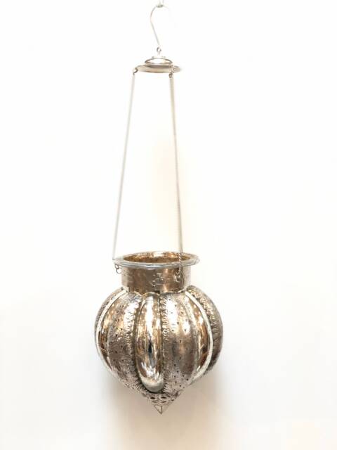 Candle Glass Lantern Round Hanging Patio Silver Oriental Style Holder - image 1