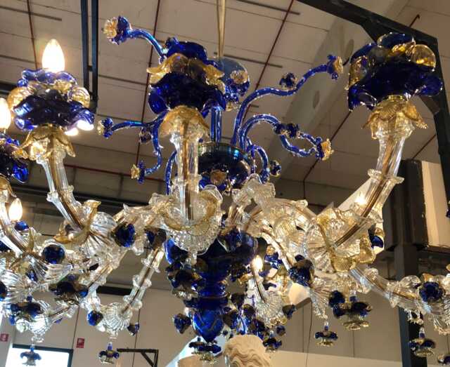 Cup Or Bowl , Spare Parts Replacements For Chandeliers By Venini, Mazzega, Seguso, Arlecchino, in Murano Blown Glass, Blue & Gold Color