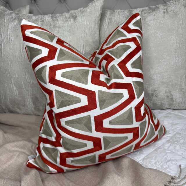 Fall Pillow Cover - Geometric Design Embroidered Cover, Rust Cushion For Sofa, Chair, Designer Harlequin Fabric, Perception - image 1