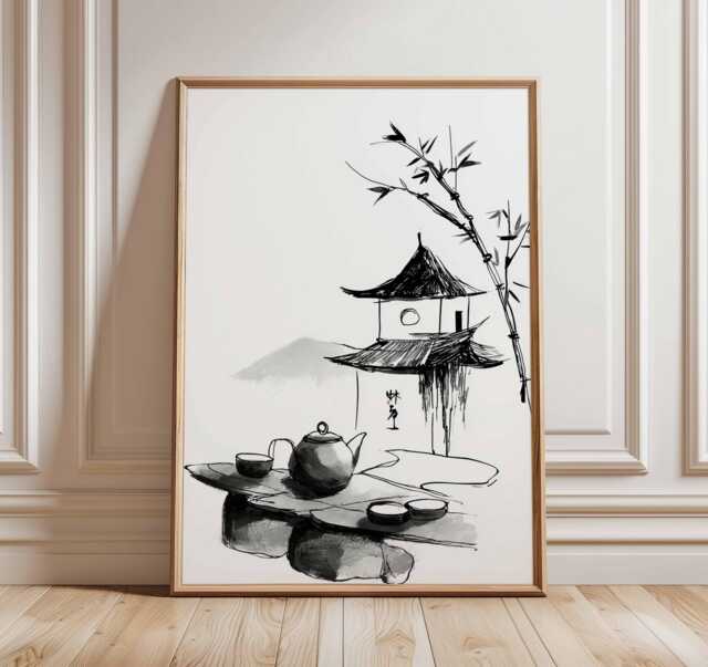 Japanese Tea Ceremony Wall Art, Zen Ink Painting Poster, Asian Minimalist Decor, Pagoda & Bamboo Print - image 1