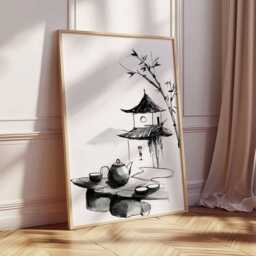 Japanese Tea Ceremony Wall Art, Zen Ink Painting Poster, Asian Minimalist Decor, Pagoda & Bamboo Print - thumbnail 2
