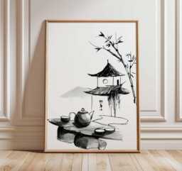 Japanese Tea Ceremony Wall Art, Zen Ink Painting Poster, Asian Minimalist Decor, Pagoda & Bamboo Print - thumbnail 1