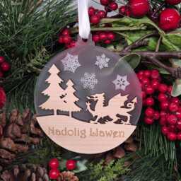 Christmas Welsh Dragon Wooden Tree Bauble Gift, Cymru Xmas Hanger, Nadolig Llawen, Add Own Text, Rugby Or Football Fan Gift - thumbnail 3