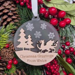 Christmas Welsh Dragon Wooden Tree Bauble Gift, Cymru Xmas Hanger, Nadolig Llawen, Add Own Text, Rugby Or Football Fan Gift
