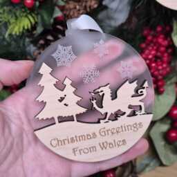 Christmas Welsh Dragon Wooden Tree Bauble Gift, Cymru Xmas Hanger, Nadolig Llawen, Add Own Text, Rugby Or Football Fan Gift - thumbnail 4