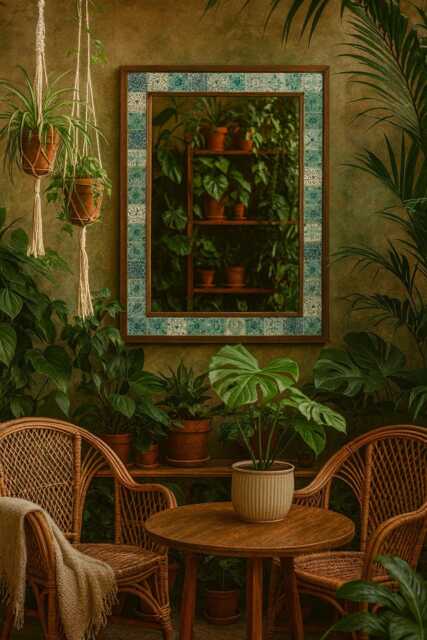 Travertine Tile Mirror Bohemian Wall Art, Rustic Home Decor - image 1