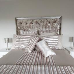 Custom Chesterfield Headboard Champagne Gold Crushed Velvet With Mirror Frame