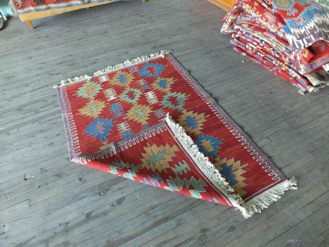 Turkish Kilim Rug, Red Tribal Handwoven Small Area Flatweave Natural Dye Rug - image 1