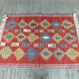 Turkish Kilim Rug, Red Tribal Handwoven Small Area Flatweave Natural Dye Rug - thumbnail 3