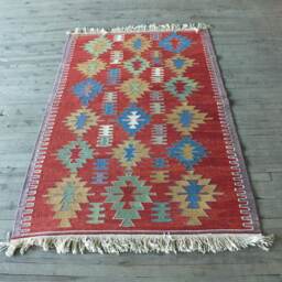 Turkish Kilim Rug, Red Tribal Handwoven Small Area Flatweave Natural Dye Rug - thumbnail 2
