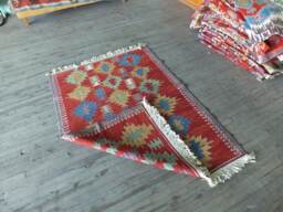 Turkish Kilim Rug, Red Tribal Handwoven Small Area Flatweave Natural Dye Rug - thumbnail 1