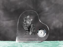 Norwegian Forest Cat - Crystal Clock in The Shape Of A Heart With Image Pure-Bred Cat - thumbnail 1