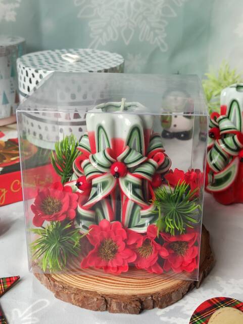 Small Colorful & Unique Hand Carved Candle - Red Christmas With Berryes Perfect Gift & Decor Gift For Her - image 1