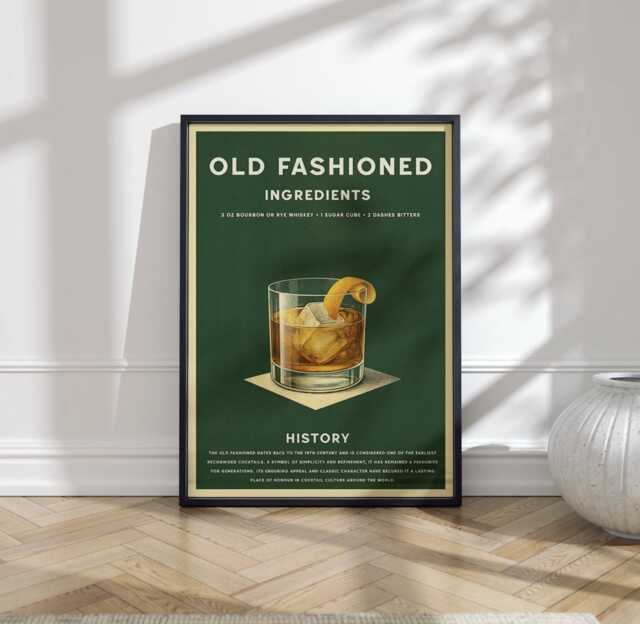 Old Fashioned Physical Art Print, Vintage Whiskey Cocktail Wall Poster - image 1