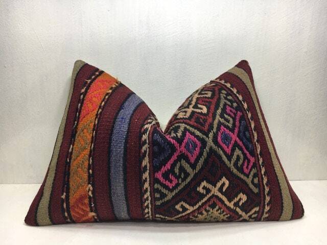 Vintage Turkish Kilim Lumbar Pillow Cover, Ethnic Cushion - 16x24 - image 1