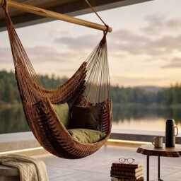 Brown Hammock Chair Handwoven Hanging Indoor Outdoor Boho Swing Seat Strong Patio Balcony Porch Cozy Woven - thumbnail 3
